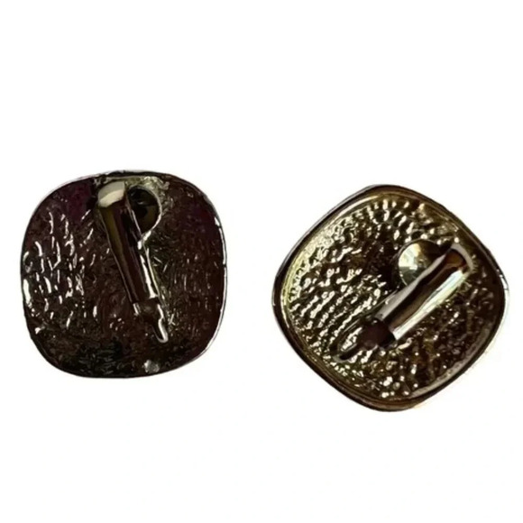 Vintage Red Cream Enamel Gold Tone Stripe Inlay Stud Earrings - Picture 2 of 2